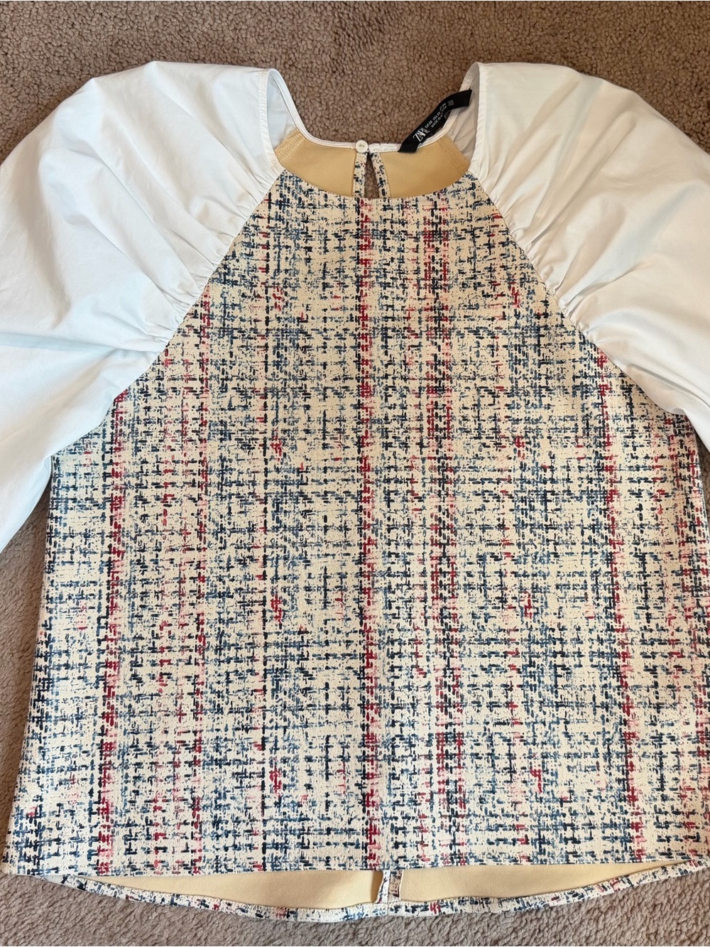 Zara Cream Tweed Top with White Puff Sleeves and Navy & Red Accents